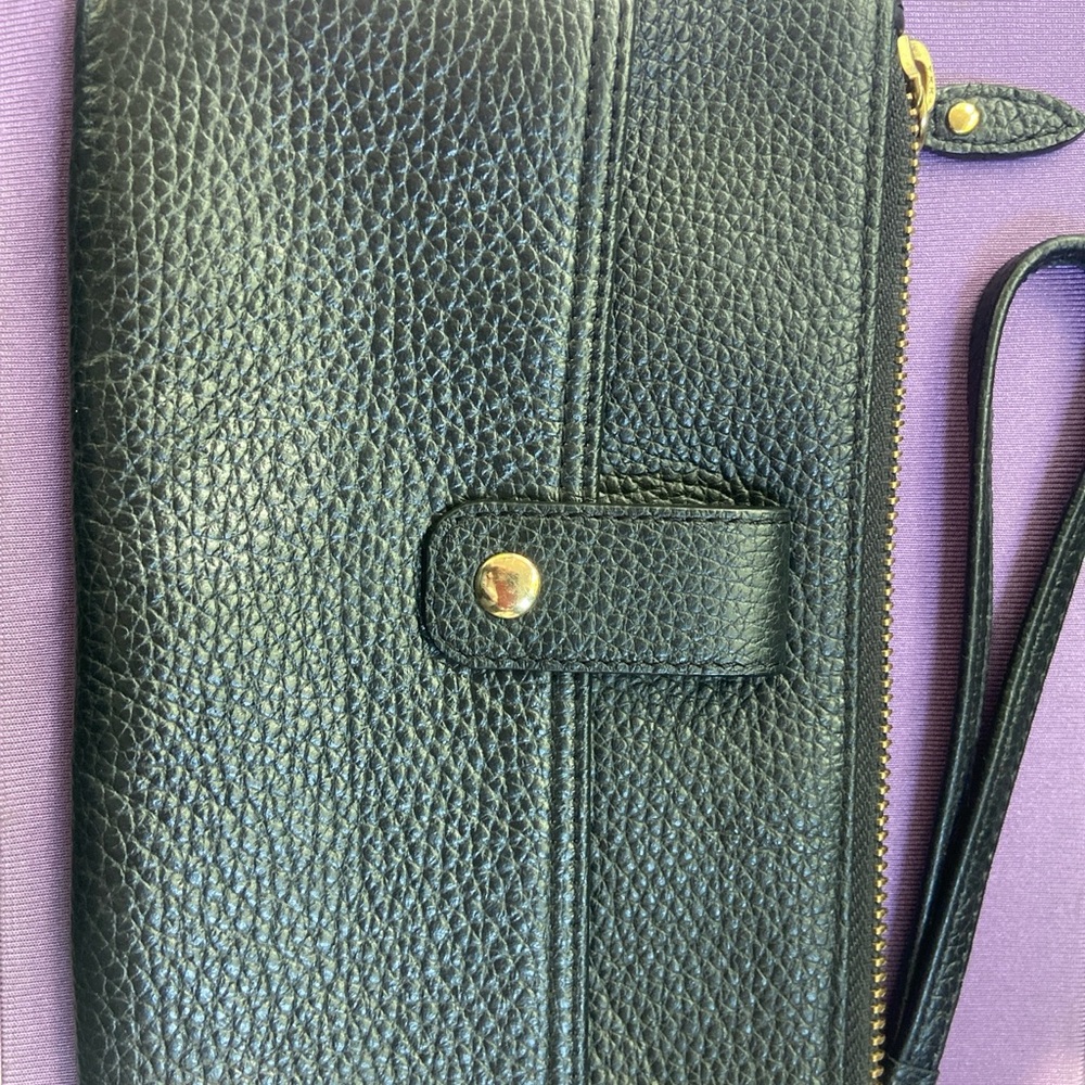 Lodis Black Leather Wristlet Clutch with Gold Accents and Magnetic Closure
